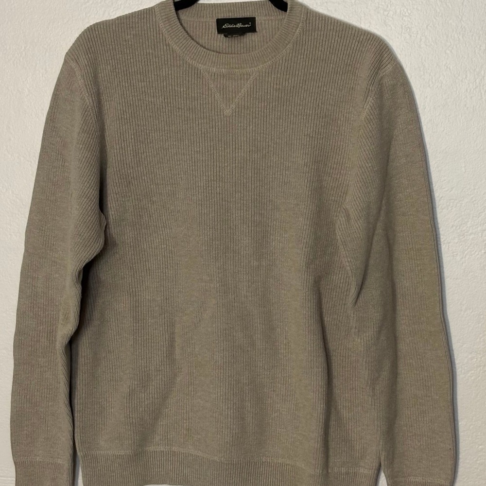 Eddie‎ Bauer Mens Tan 100% Cotton Ribbed Knit Crewneck Sweater Size M V-Stitch